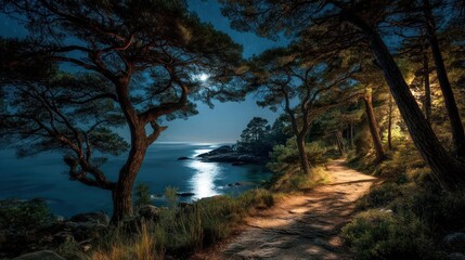Serene moonlit path winding through a pine forest overlooking a calm bay at night, with glowing reflections on the water.