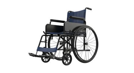 Fototapeta premium A blue and black manual wheelchair with large spoked rear wheels and smaller front casters isolated on a transparent background