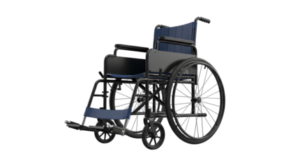 A blue and black manual wheelchair with large spoked rear wheels and smaller front casters isolated on a transparent background