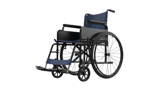 A blue and black manual wheelchair with large spoked rear wheels and smaller front casters isolated on a transparent background