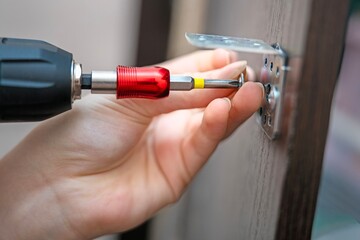Young woman's hand holding a screw and bracket, attaching it to a board with a screwdriver