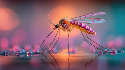 Mosquito near neon water surface glowing softly, macro close-up capturing insect detail and radiant liquid reflections in surreal nature composition