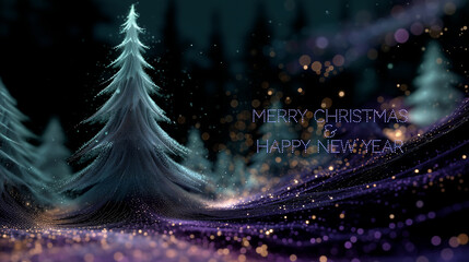 Merry Christmas and Happy New Year text with abstract digital Christmas tree with wire-frame pattern. Card for programmer, IT-worker, technician or engineer.	