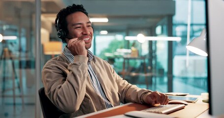 Office, laugh and man with headset, computer and discussion for sales, consultant and telemarketing. Call center, telemarketer and person with tech for lead generation, services and consultation