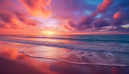 Vibrant sunset over a tranquil ocean shoreline