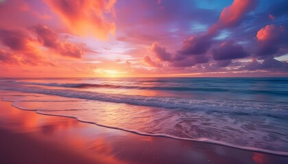 Vibrant sunset over a tropical ocean with reflective waves