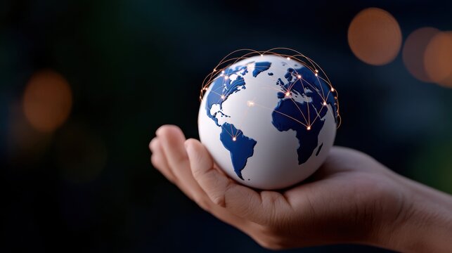 A hand holds a globe, symbolizing global connectivity and communication, with glowing lines representing connections across continents. - Powered by Adobe