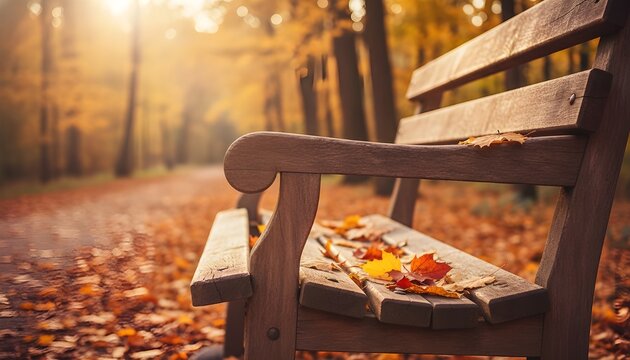 Wooden park bench in a sunlit autumn forest with fallen leaves - Powered by Adobe