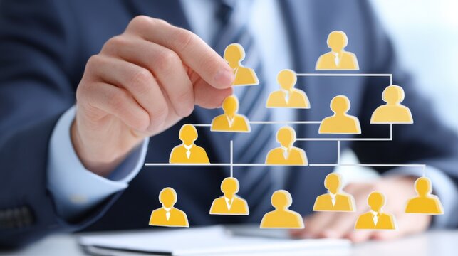A business professional creates a hierarchical organization chart, indicating team structure and roles with yellow icons representing individuals.