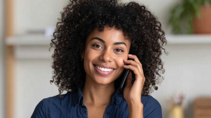 A cheerful woman with curly hair smiles while talking on her phone, exuding warmth and friendliness in a bright, inviting indoor setting.