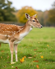 Obraz premium A fallow deer standing in a grassy field with trees in the blurred background