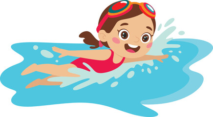 Happy cartoon girl swimming in water, playful child swimmer illustration, summer activity, fun kids sport, bright aquatic artwork for education
