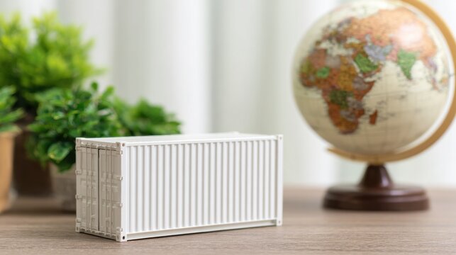 A miniature shipping container sits on a wooden surface beside a globe and potted plant, showcasing themes of global trade and geography. - Powered by Adobe