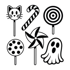 A delightful collection of thin line vector icons representing various candies and sweets.