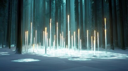 A surreal winter forest scene with numerous glowing light pillars emerging from the snow-covered ground.