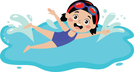 Happy cartoon girl swimming in water, playful child swimmer illustration, summer activity, fun kids sport, bright aquatic artwork for education