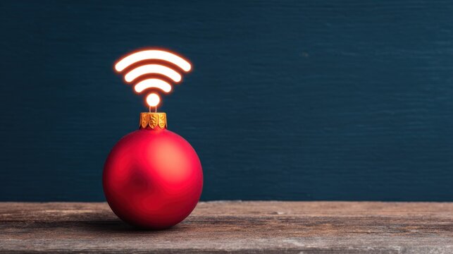 Red Christmas ornament with a glowing Wi-Fi symbol on top, placed on a wooden surface against a dark blue background. - Powered by Adobe