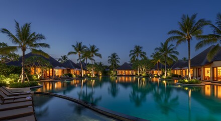 Luxury Tropical Resort Pool Area at Night with Palm Trees and Warm Lighting