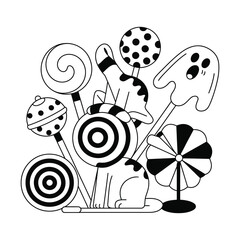 A delightful collection of thin line vector icons representing various candies and sweets.