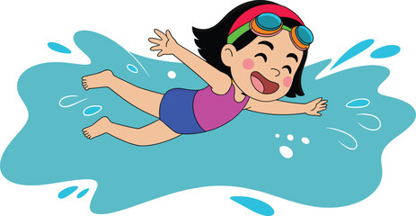 Happy cartoon girl swimming in water, playful child swimmer illustration, summer activity, fun kids sport, bright aquatic artwork for education