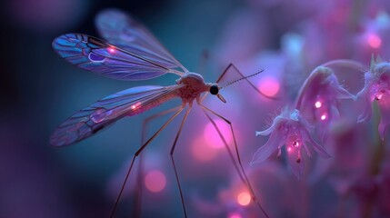 Mosquito inside neon insect micro-world glowing softly, detailed macro close-up showing insect detail surrounded by surreal luminous abstract environment
