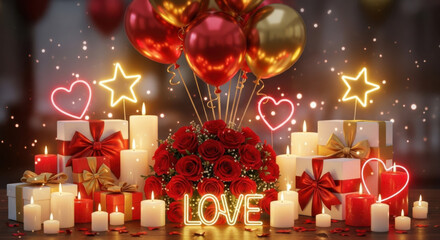 Romantic valentine's day gift boxes with roses and glowing neon lights