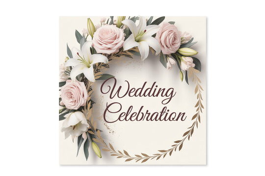 Elegant wedding celebration invitation with floral wreath of roses and lilies, perfect for romantic themes and stylish event announcements for happy couples
