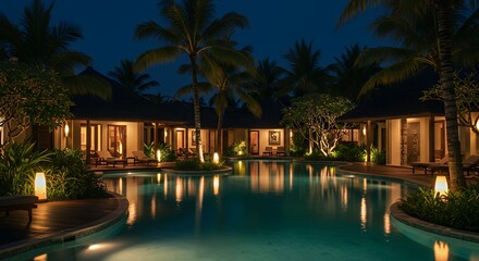 Luxurious Tropical Resort Pool Scene at Night with Palm Trees and Elegant Cabins