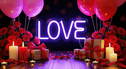 Romantic neon 'love' sign with roses, balloons, gifts, and candles.