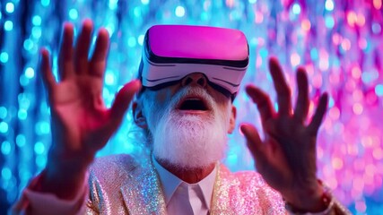 An elderly man immersed in virtual reality experiences a vibrant digital world, wearing a VR headset surrounded by shimmering lights, conveying wonder and amazement in every moment. - Powered by Adobe