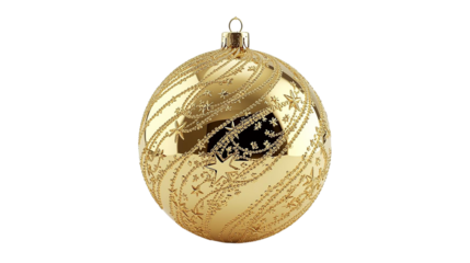Elegant gold Christmas bauble with intricate star and chain patterns, perfect for festive designs. High-quality PNG with transparent background.
