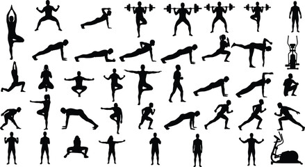 Fitness silhouette vector, exercise pose collection, black figure artwork, gym workout design, yoga motion shape, training activity illustration