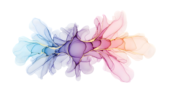 Abstract fluid art with blended purple blue pink and gold ink isolated on a transparent background alcohol ink