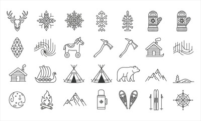 Fototapeta premium Ultra-thin Scandinavian geometric Christmas glyph set with Nordic stag crest, woven snowflake, rune tree, mitten pattern, pine cone and cabin emblem