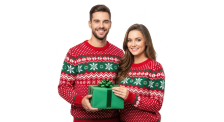 Couple in ugly christmas sweaters holding gift, isolated on transparent background
