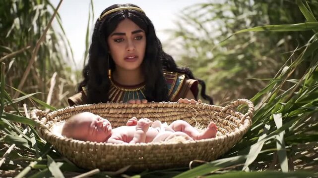 Woman discovers infant baby in basket hidden in reeds. Historical scene, could be biblical or ancient era