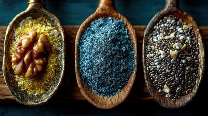 Close-up view of three spoons holding different healthy food ingredients: a walnut with yellow seeds, blue powder, and chia seeds.