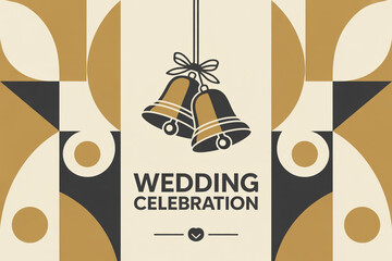 Elegant wedding celebration announcement with golden bells and geometric designs, perfect for invitations and event marketing, capturing the joy of marriage and love