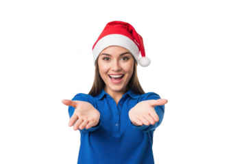 Excited woman in santa hat offering hands, isolated on transparent background