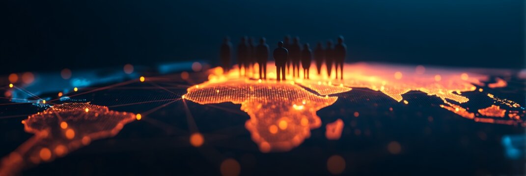 A digital representation of a world map with glowing connections and silhouettes of people, symbolizing global communication and collaboration. - Powered by Adobe