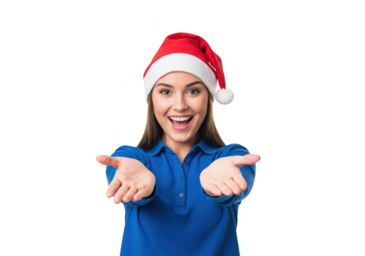 Excited woman in santa hat offering hands, isolated on transparent background