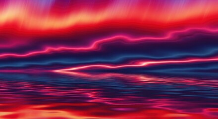 Vibrant abstract digital rendering of a surreal, glowing red and blue sky reflected over a dark, rippling water surface