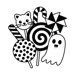 A delightful collection of thin line vector icons representing various candies and sweets.