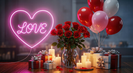 Valentine's day romantic scene with roses, balloons, gifts, and neon