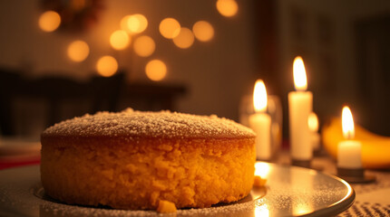 A delicious mango cheese crunch cake with candle beside it 