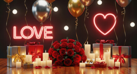 Valentine's day celebration with roses, gifts, candles, and neon signs
