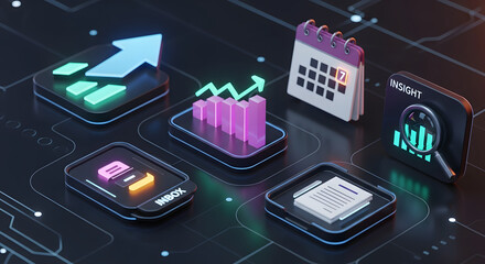 Modern digital icons representing business and financial data analysis.