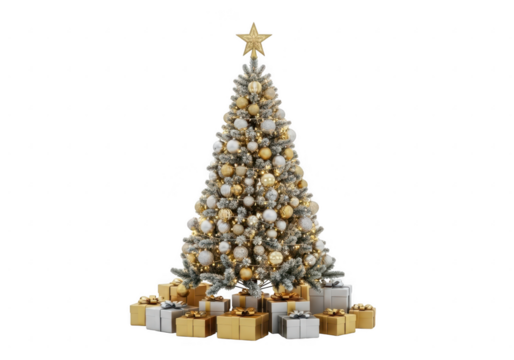 Decorated christmas tree with gifts isolated on transparent background