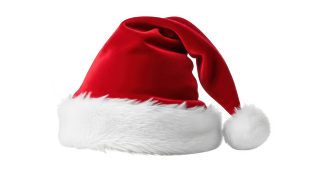 Red santa hat with white fur trim isolated on transparent background