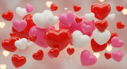 Assortment of red, pink, and white hearts floating generative art